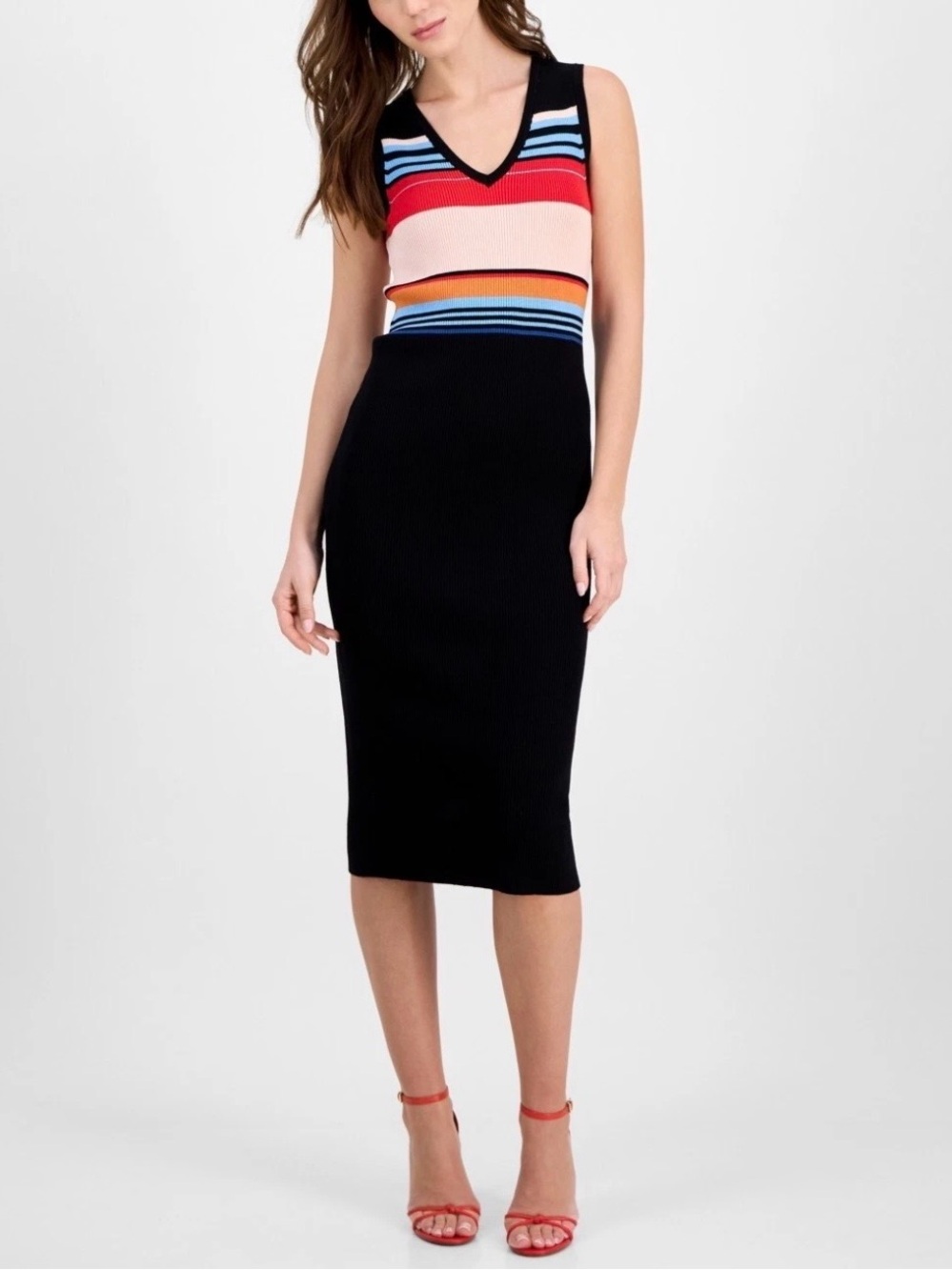 Tahari Women’s Striped Bodycon Ribbed Black Dress✨$98